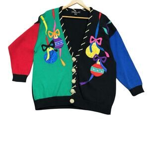 VTG Ugly Christmas Sweater Cardigan Womens 2X Colorful Work in Progress